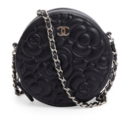 Chanel Black Caviar Camellia Embossed Round Clutch