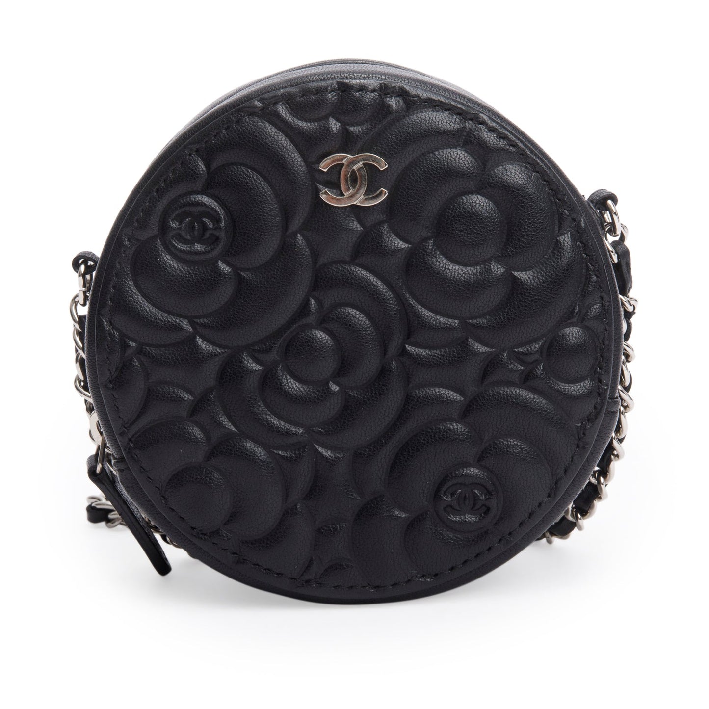 Chanel Black Caviar Camellia Embossed Round Clutch