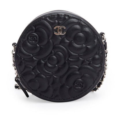 Chanel Black Caviar Camellia Embossed Round Clutch