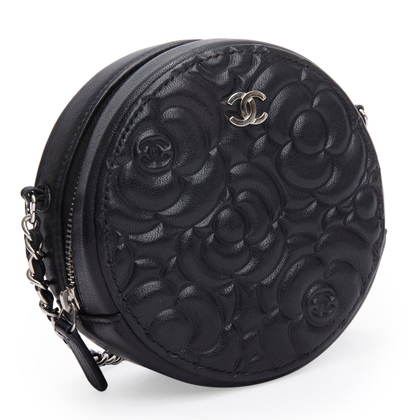 Chanel Black Caviar Camellia Embossed Round Clutch