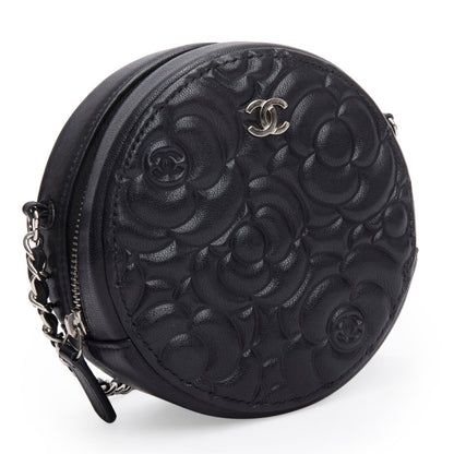 Chanel Black Caviar Camellia Embossed Round Clutch