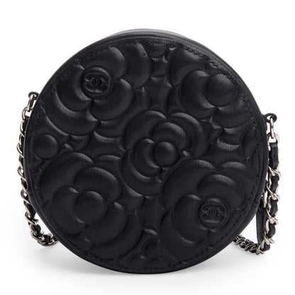 Chanel Black Caviar Camellia Embossed Round Clutch