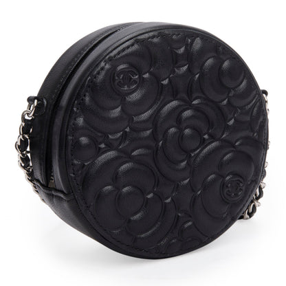 Chanel Black Caviar Camellia Embossed Round Clutch