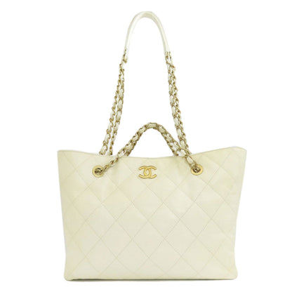 CHANEL Tote Bag Grained Calfskin Skin white Chain Tote Gold Metal 2WAY