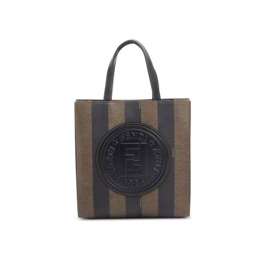 Fendi Vintage Leather Trimmed Brown Pequin Logo Tote