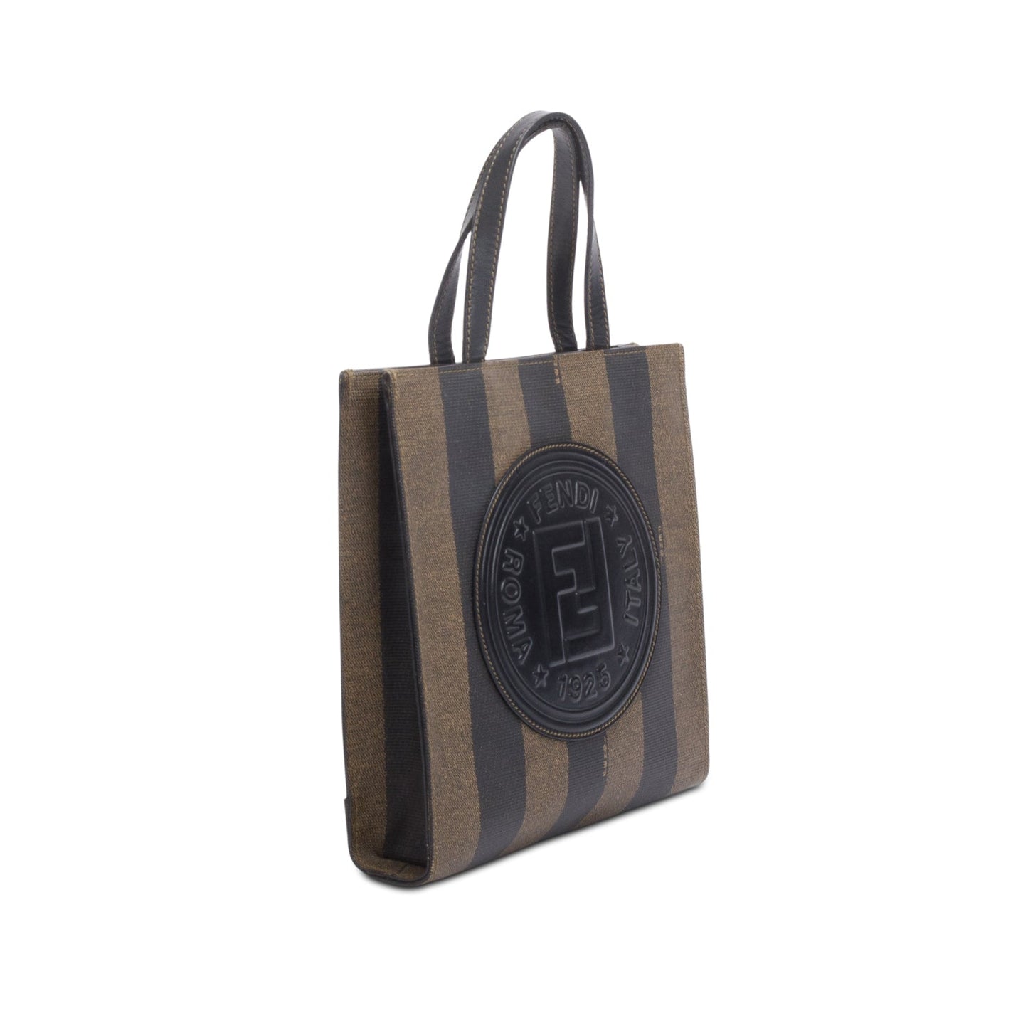 Fendi Vintage Leather Trimmed Brown Pequin Logo Tote