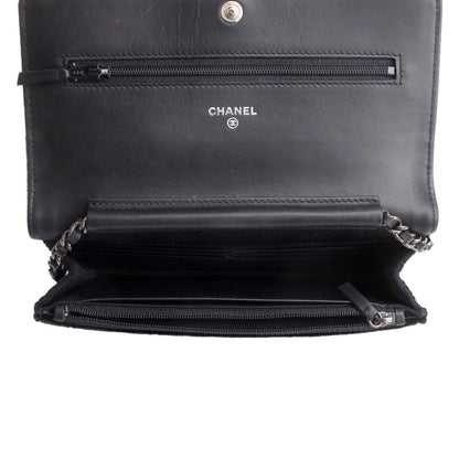 Chanel Black Quilted Velvet Boy Wallet on Chain