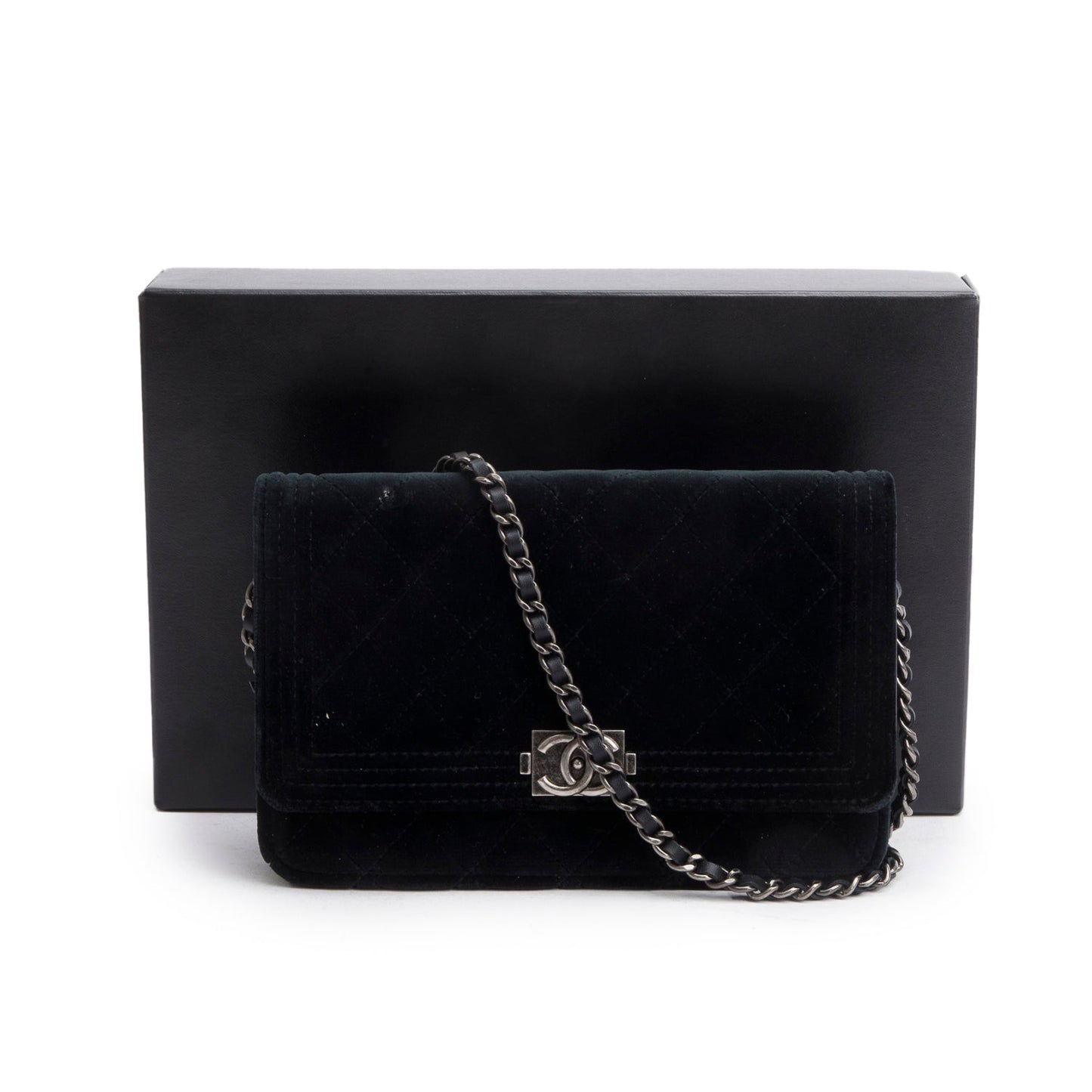 Chanel Black Quilted Velvet Boy Wallet on Chain