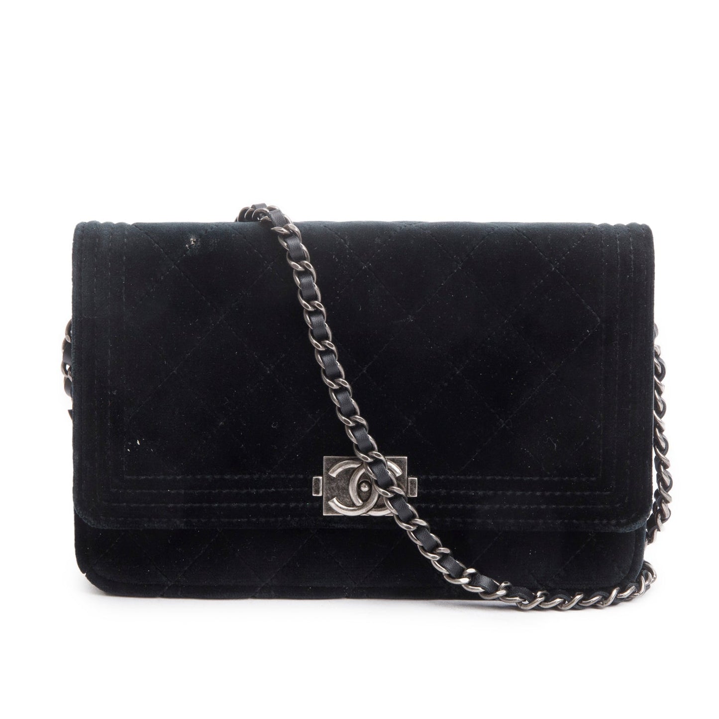 Chanel Black Quilted Velvet Boy Wallet on Chain