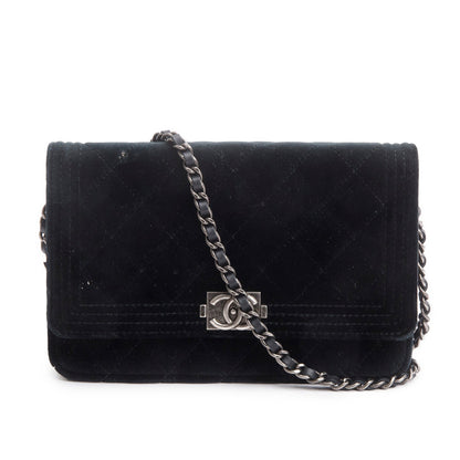 Chanel Black Quilted Velvet Boy Wallet on Chain