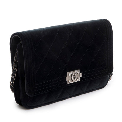 Chanel Black Quilted Velvet Boy Wallet on Chain