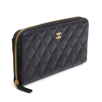 Chanel Black Caviar Quilted Leather Large Gusset Zip Around Wallet