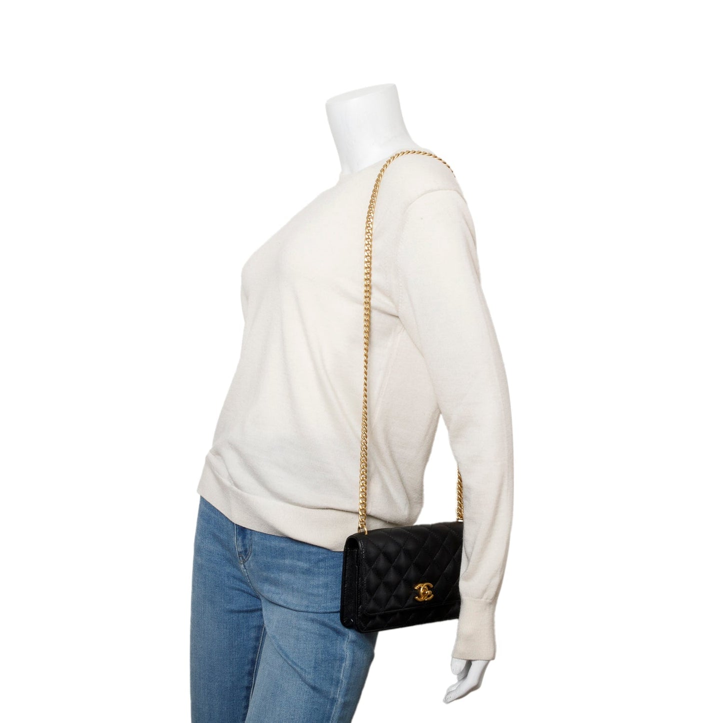 Chanel 2024 Black Quilted Caviar Leather Sweetheart CC Wallet on Chain