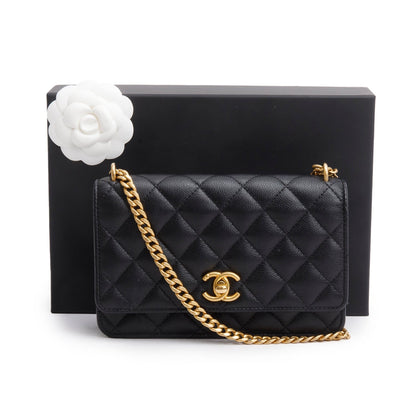 Chanel 2024 Black Quilted Caviar Leather Sweetheart CC Wallet on Chain