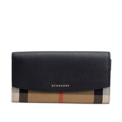 Burberry Check Canvas Black  Leather Trim Porter Continental Flap Wallet
