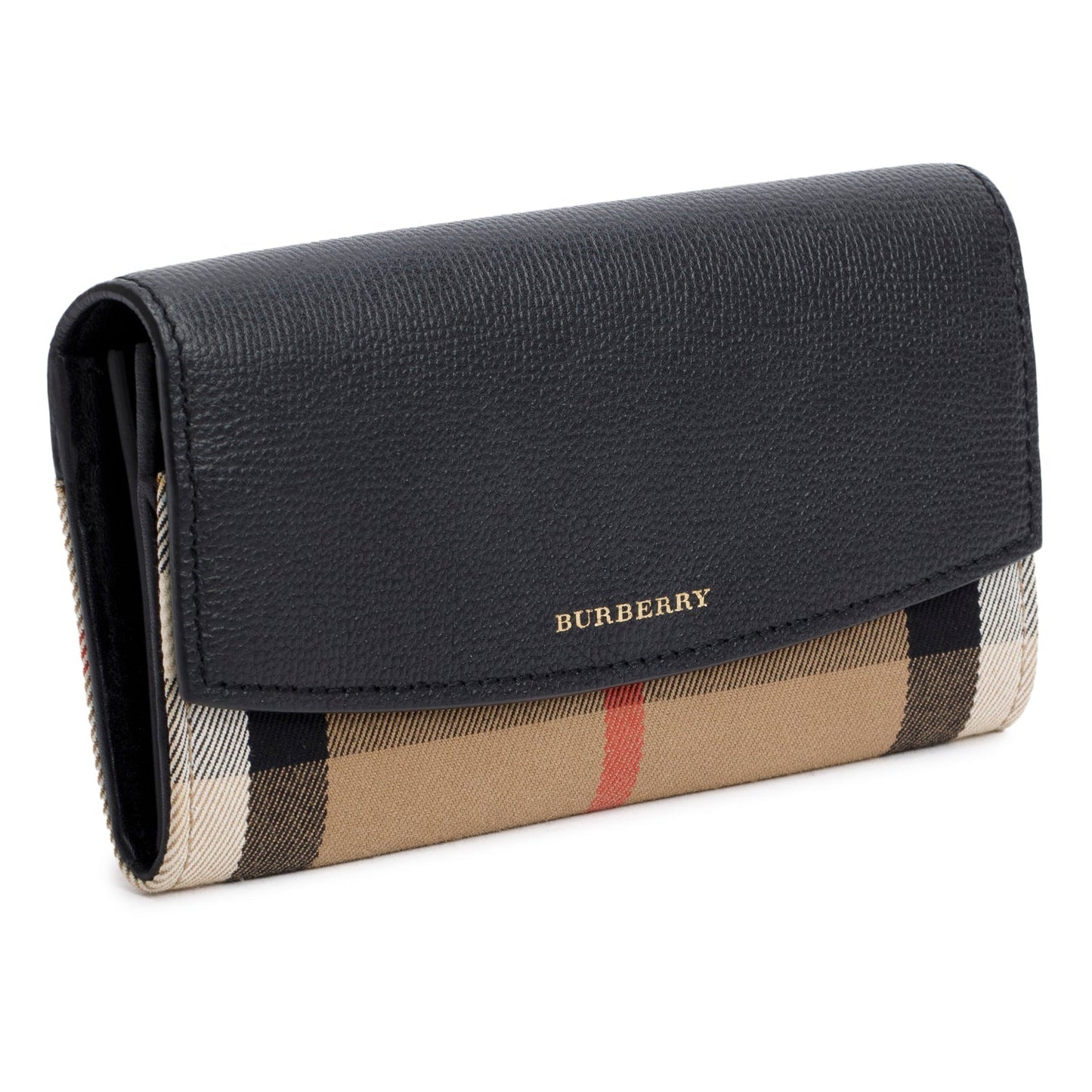 Burberry Check Canvas Black  Leather Trim Porter Continental Flap Wallet