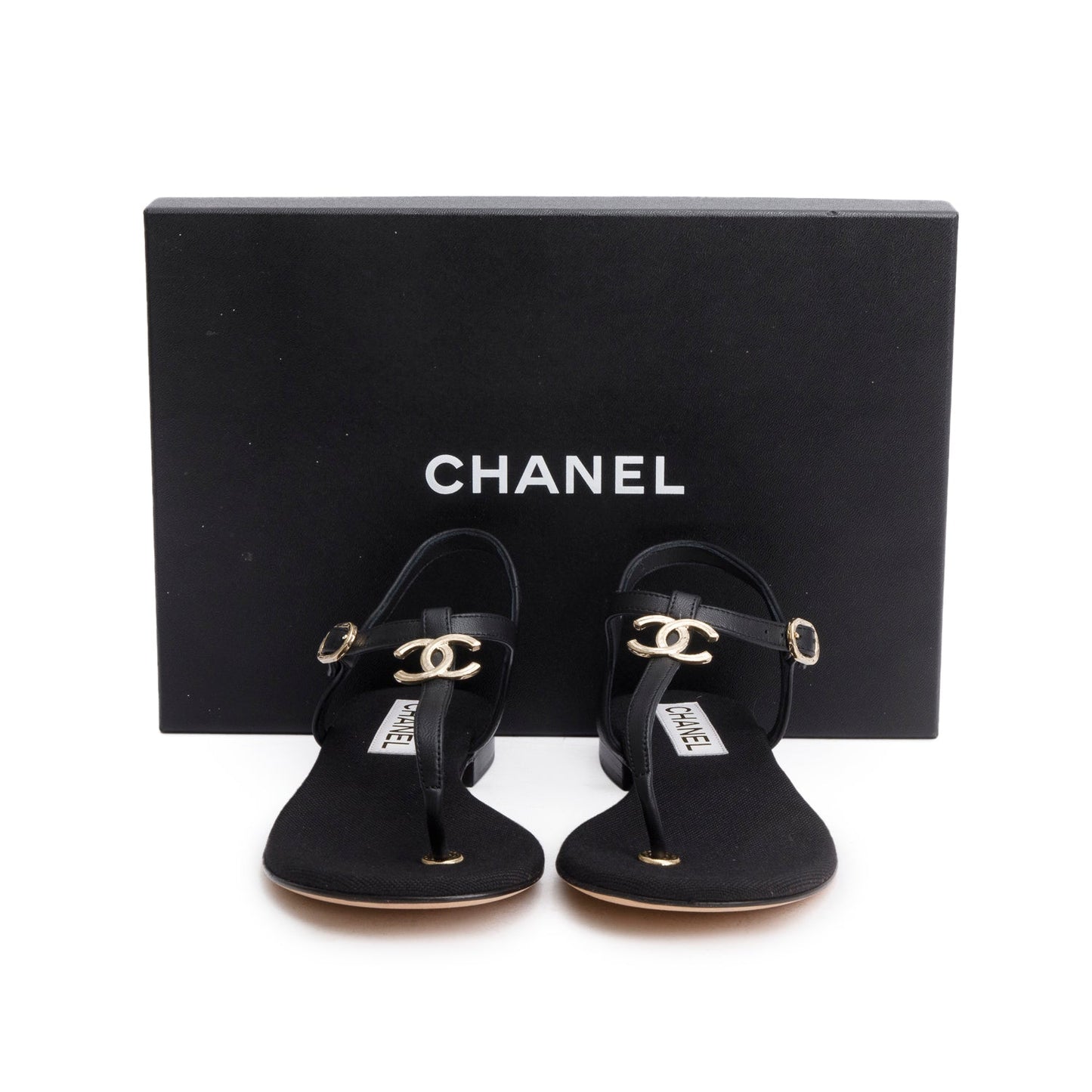 Chanel 2023 Black Calfskin Leather CC T-Strap Sandals, Size 38