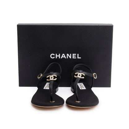 Chanel 2023 Black Calfskin Leather CC T-Strap Sandals, Size 38