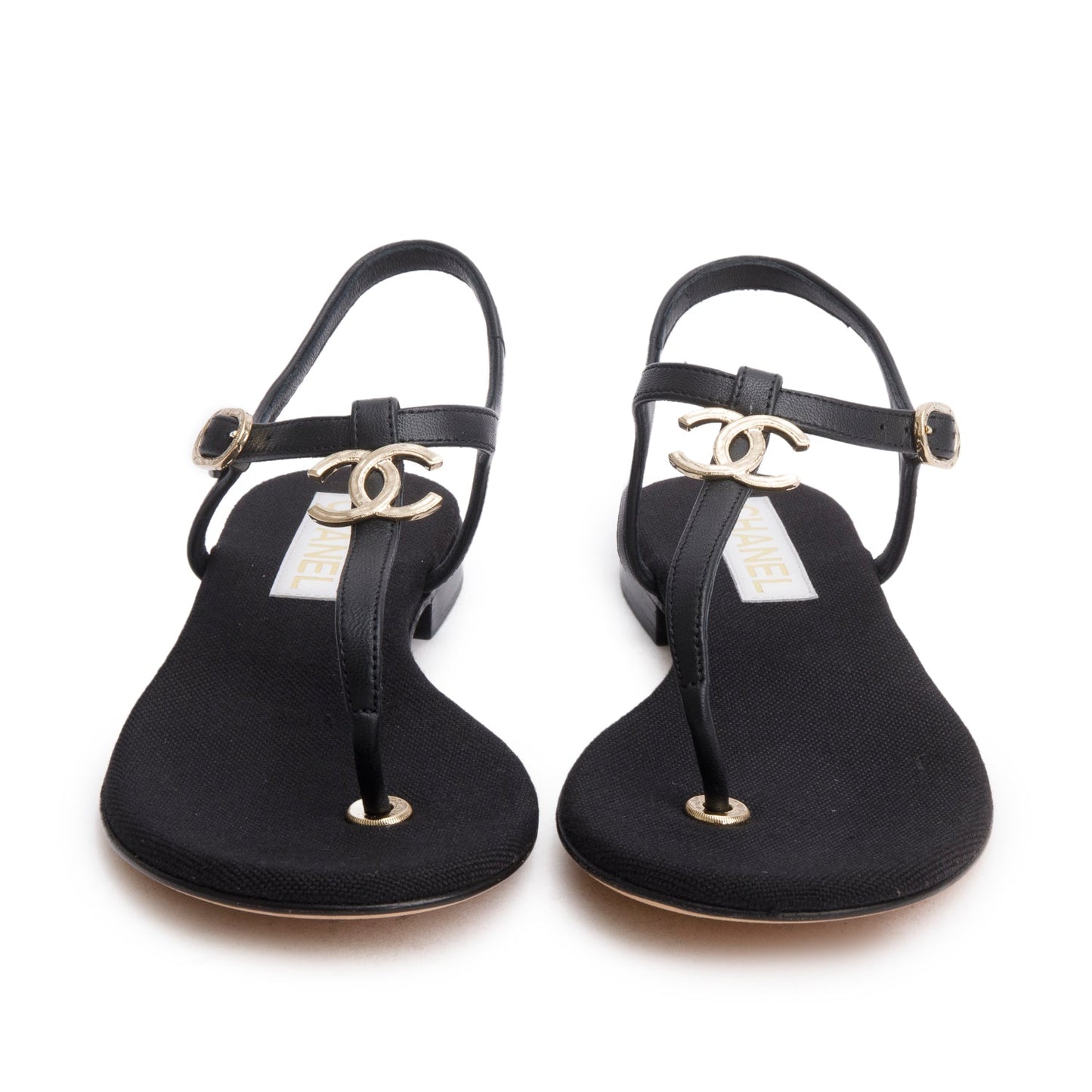 Chanel 2023 Black Calfskin Leather CC T-Strap Sandals, Size 38