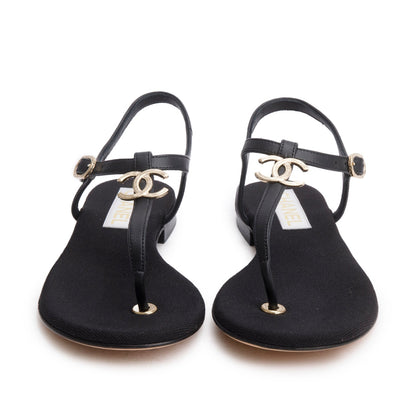 Chanel 2023 Black Calfskin Leather CC T-Strap Sandals, Size 38