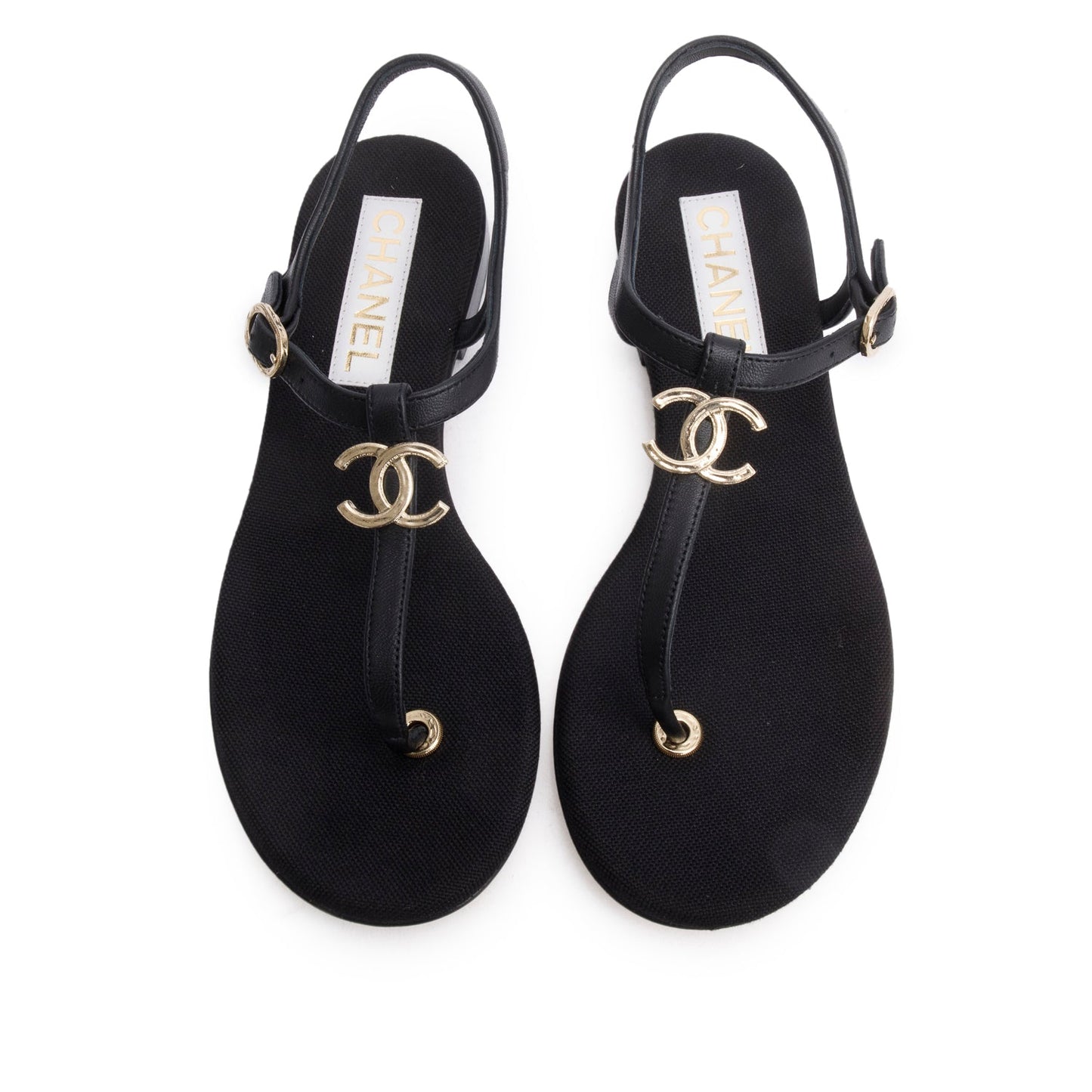 Chanel 2023 Black Calfskin Leather CC T-Strap Sandals, Size 38