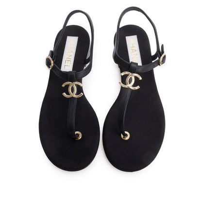 Chanel 2023 Black Calfskin Leather CC T-Strap Sandals, Size 38