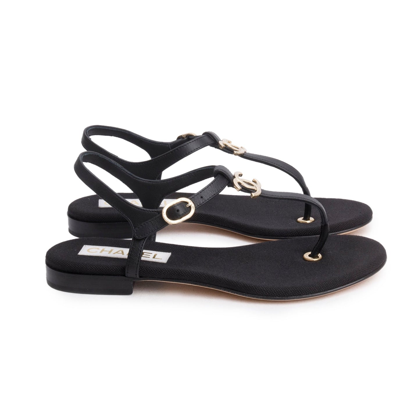 Chanel 2023 Black Calfskin Leather CC T-Strap Sandals, Size 38