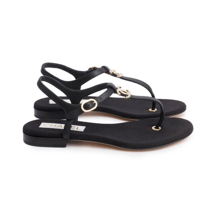 Chanel 2023 Black Calfskin Leather CC T-Strap Sandals, Size 38