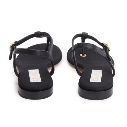 Chanel 2023 Black Calfskin Leather CC T-Strap Sandals, Size 38