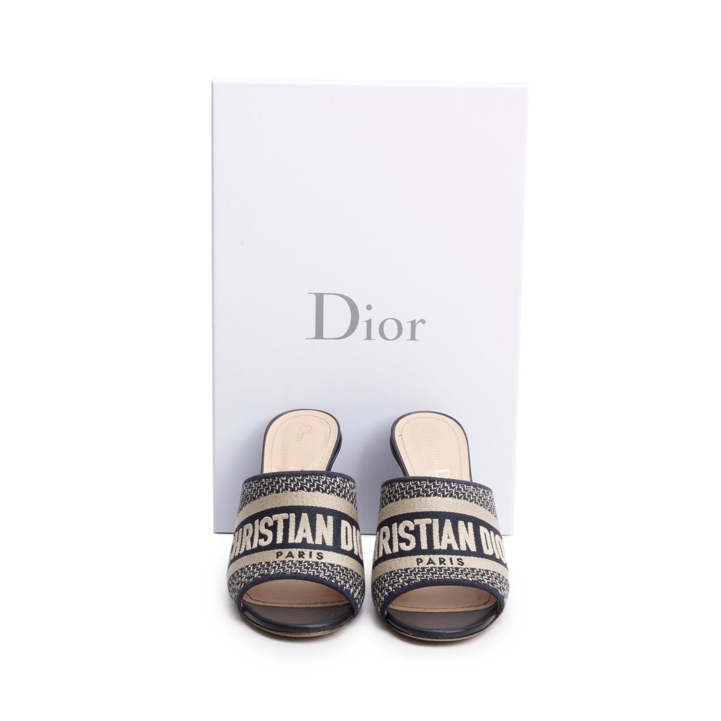 Christian Dior Deep Blue Embroidered Cotton Heeled Dway Slide, Size 35
