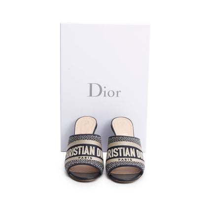 Christian Dior Deep Blue Embroidered Cotton Heeled Dway Slide, Size 35