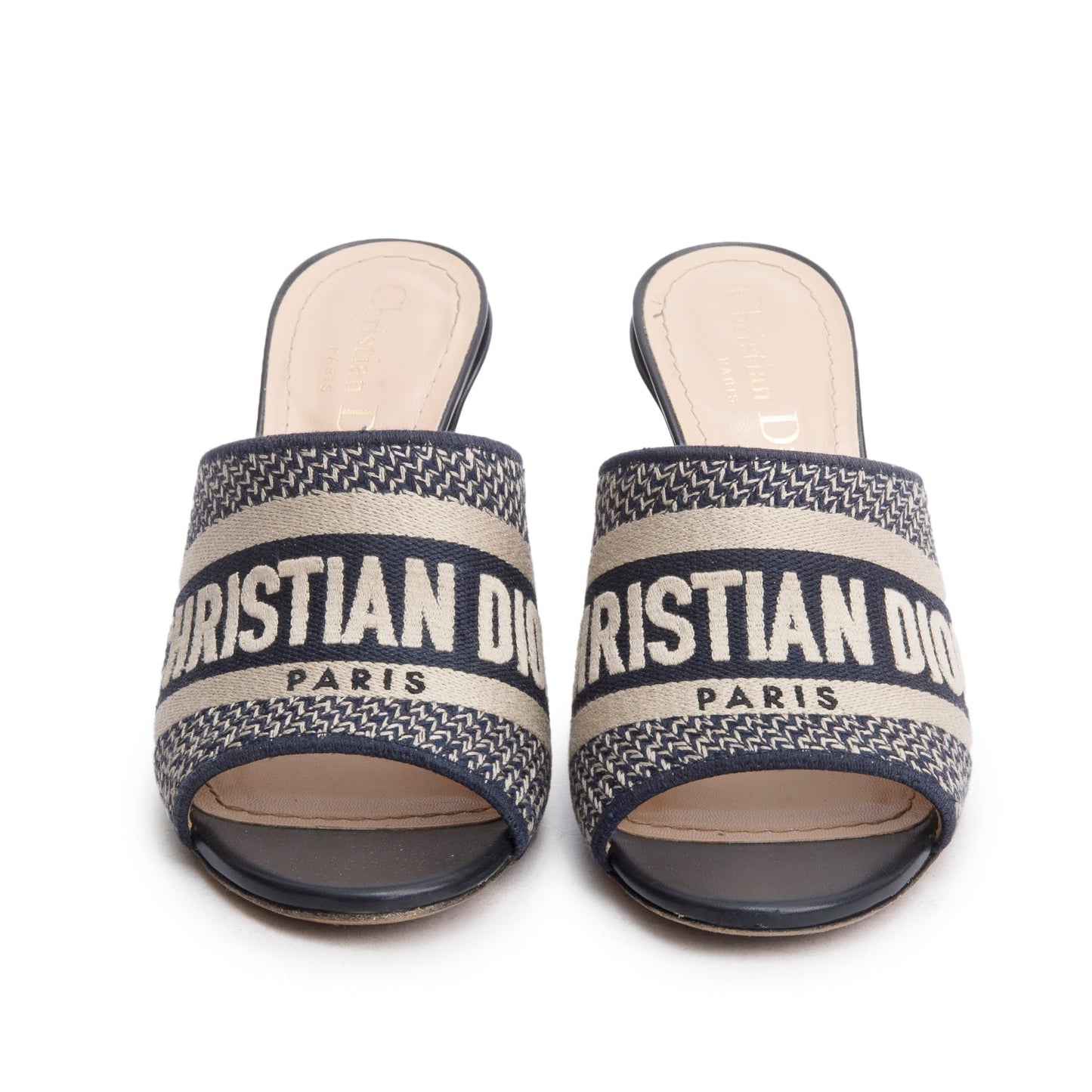Christian Dior Deep Blue Embroidered Cotton Heeled Dway Slide, Size 35