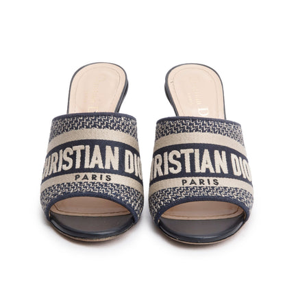 Christian Dior Deep Blue Embroidered Cotton Heeled Dway Slide, Size 35