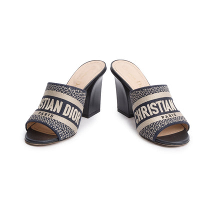 Christian Dior Deep Blue Embroidered Cotton Heeled Dway Slide, Size 35