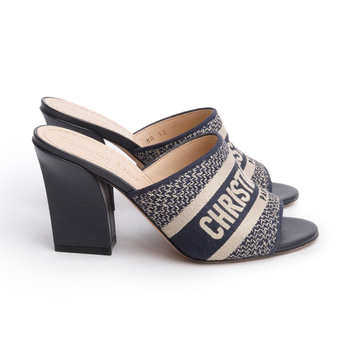 Christian Dior Deep Blue Embroidered Cotton Heeled Dway Slide, Size 35