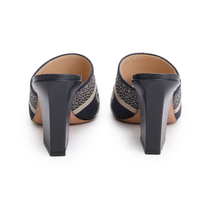 Christian Dior Deep Blue Embroidered Cotton Heeled Dway Slide, Size 35