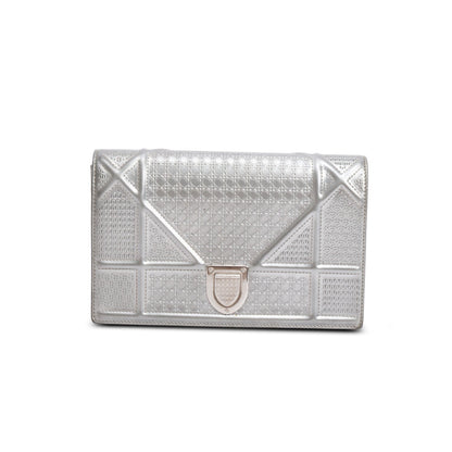 Christian Dior Silver Metallic Patent Calfskin Micro-Cannage Diorama Wallet on Chain
