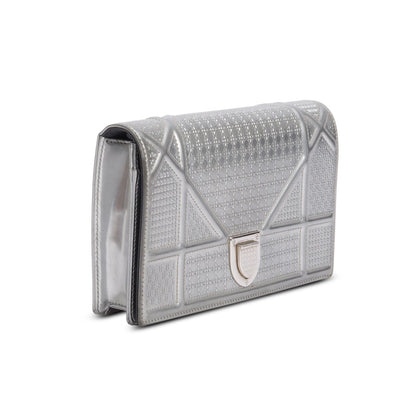 Christian Dior Silver Metallic Patent Calfskin Micro-Cannage Diorama Wallet on Chain