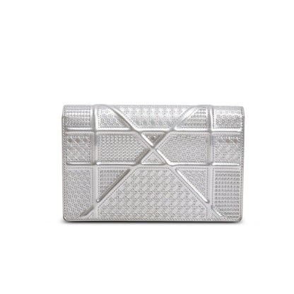 Christian Dior Silver Metallic Patent Calfskin Micro-Cannage Diorama Wallet on Chain