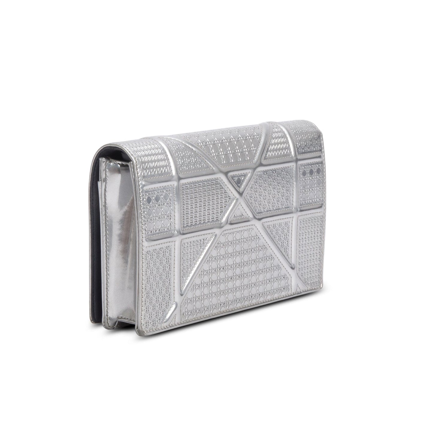 Christian Dior Silver Metallic Patent Calfskin Micro-Cannage Diorama Wallet on Chain
