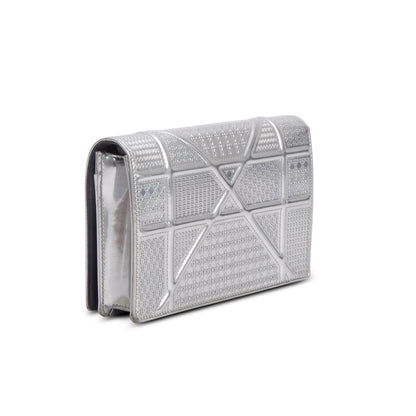 Christian Dior Silver Metallic Patent Calfskin Micro-Cannage Diorama Wallet on Chain