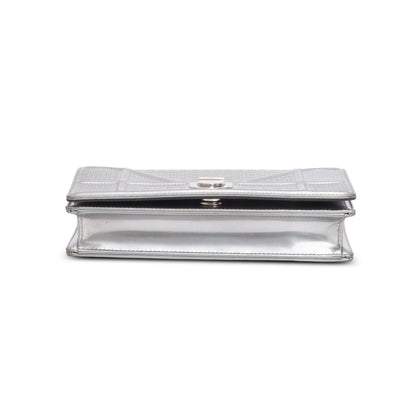 Christian Dior Silver Metallic Patent Calfskin Micro-Cannage Diorama Wallet on Chain