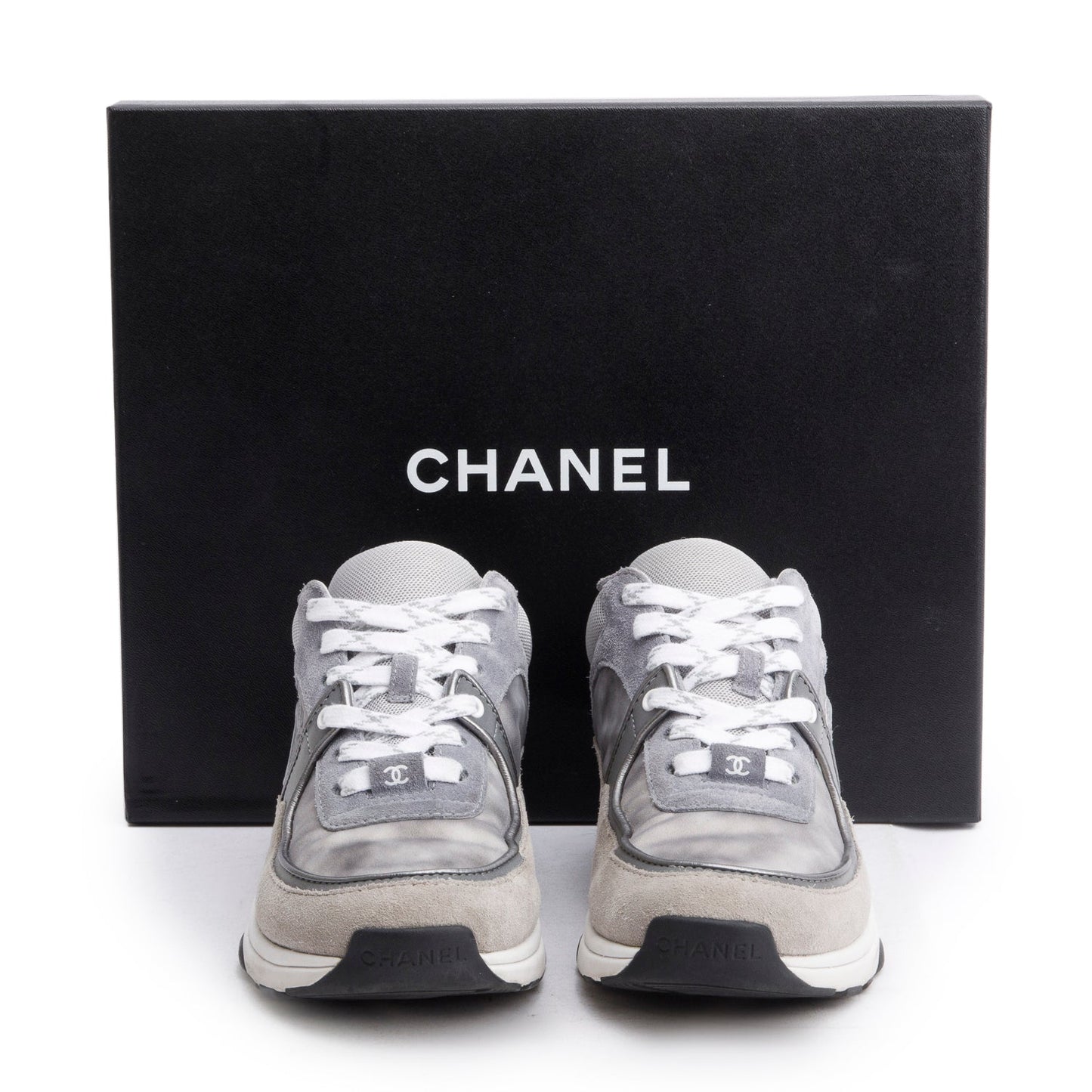 Chanel Grey Interlocking CC Logo Suede Sneakers, Size 35.5