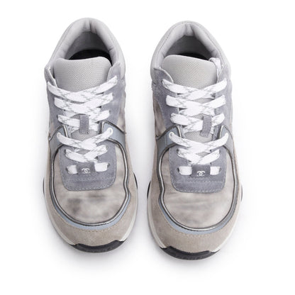 Chanel Grey Interlocking CC Logo Suede Sneakers, Size 35.5
