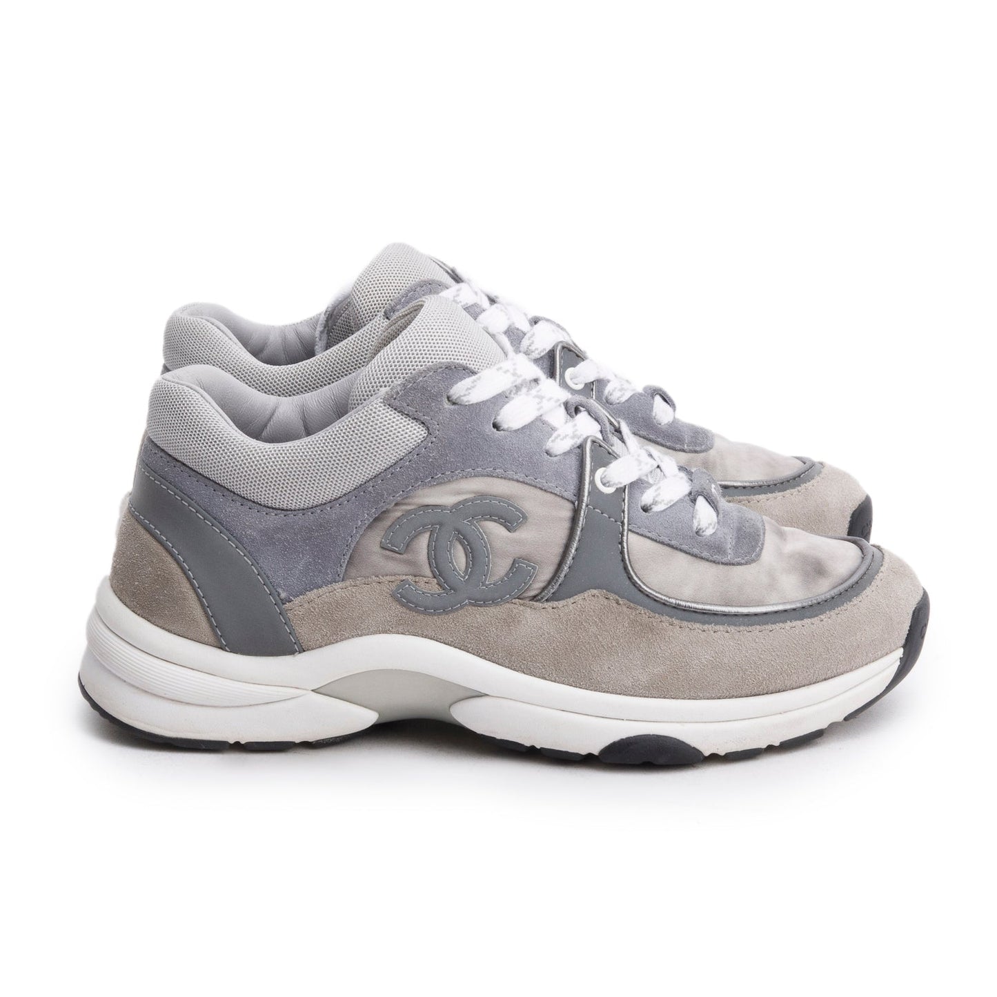 Chanel Grey Interlocking CC Logo Suede Sneakers, Size 35.5