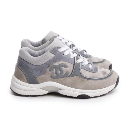 Chanel Grey Interlocking CC Logo Suede Sneakers, Size 35.5