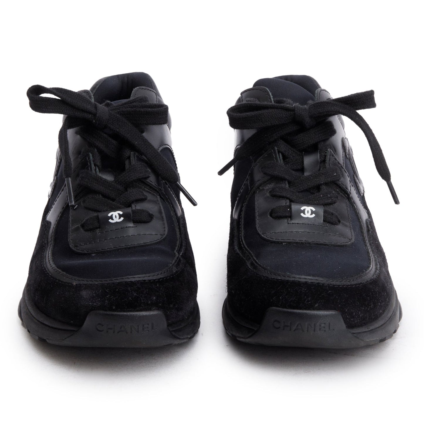 Chanel Black Calfskin Suede CC Logo Sneakers, Size 38