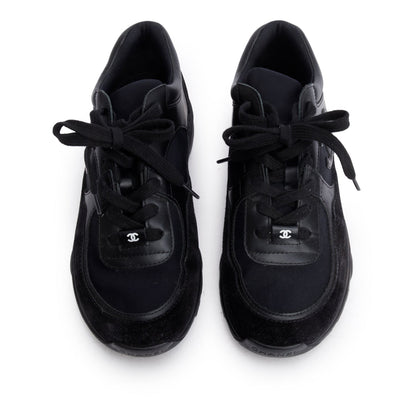 Chanel Black Calfskin Suede CC Logo Sneakers, Size 38