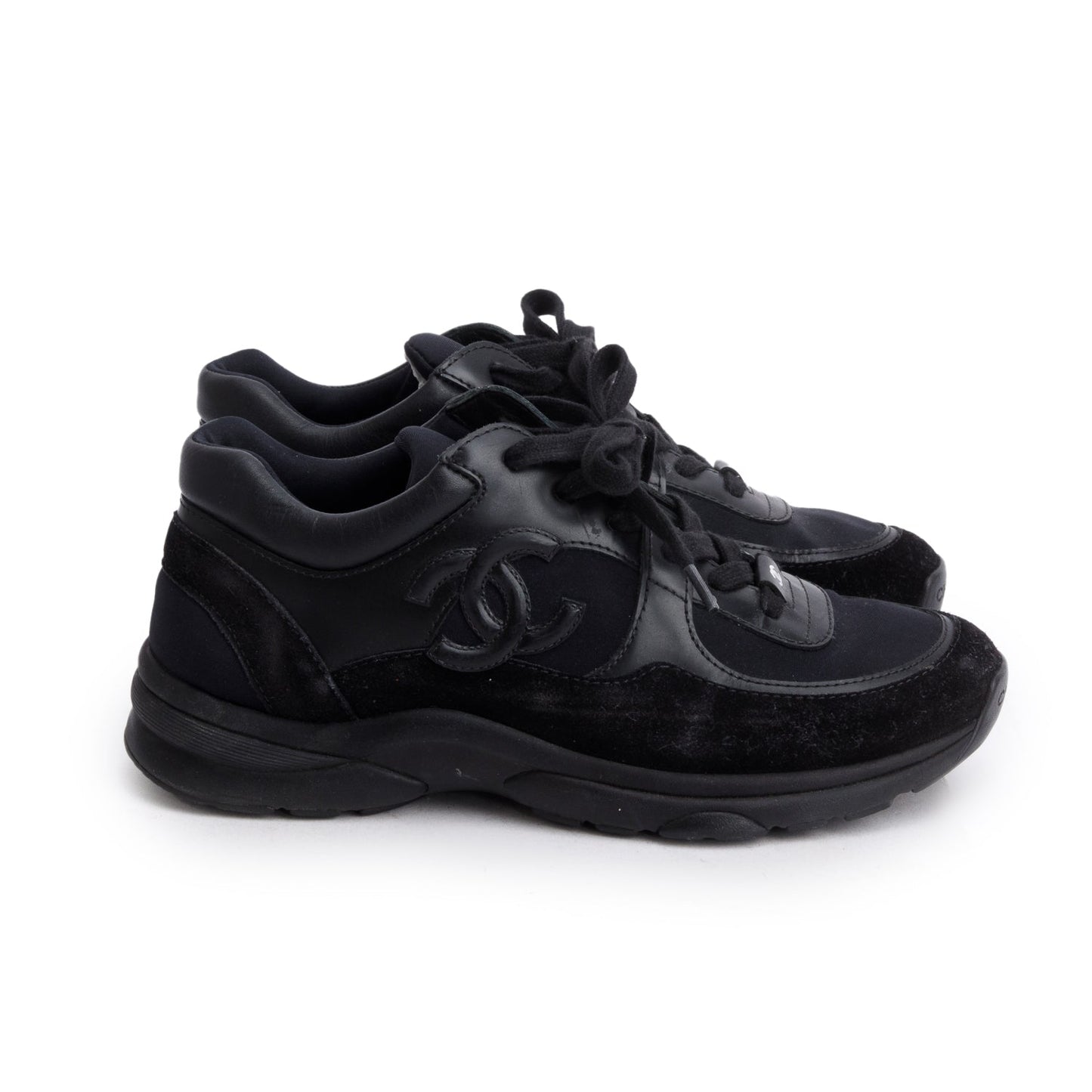 Chanel Black Calfskin Suede CC Logo Sneakers, Size 38