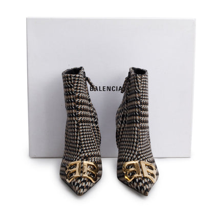 Balenciaga Black/Beige Houndstooth Wool BB Logo Knife Pointy Toe Ankle Boots, Size 37.5
